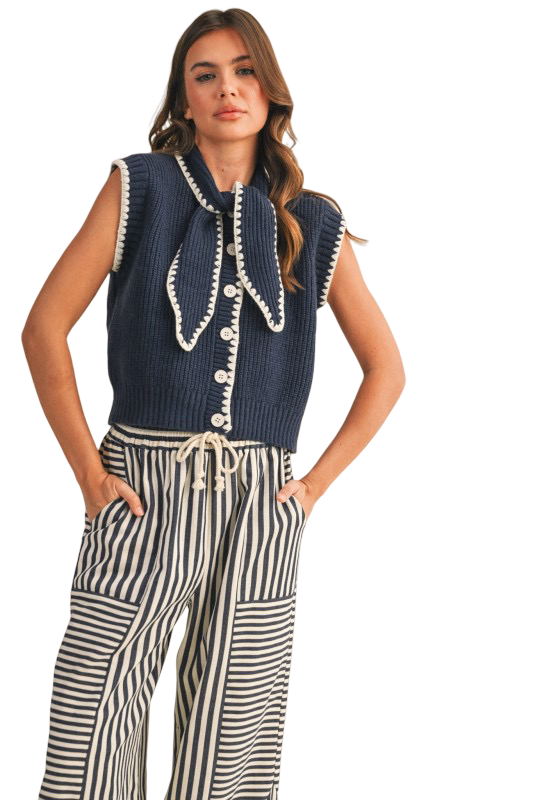 Apparel- En Merci Tie Neck Blanket Stitch Sweater Vest Top