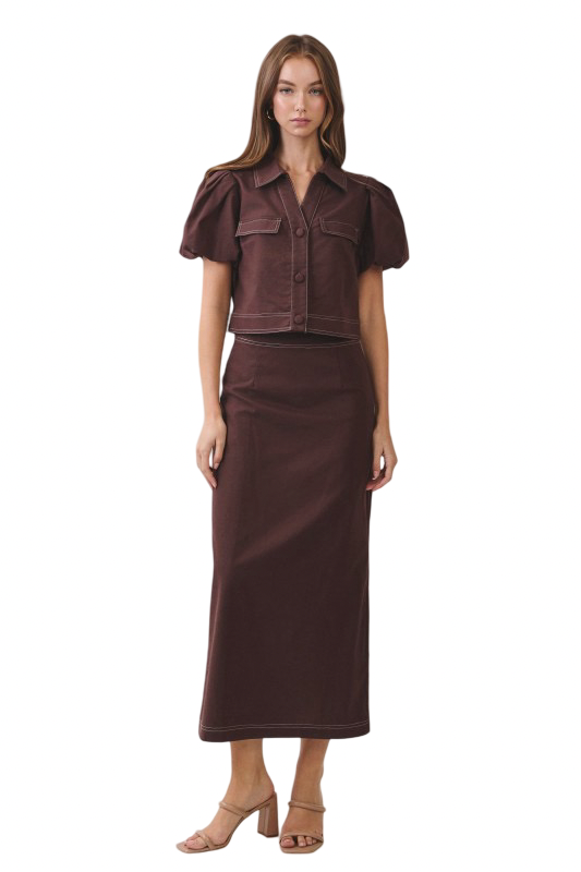 TCEC Floral Contrast Stitch Puffed Sleeve Cropped Top