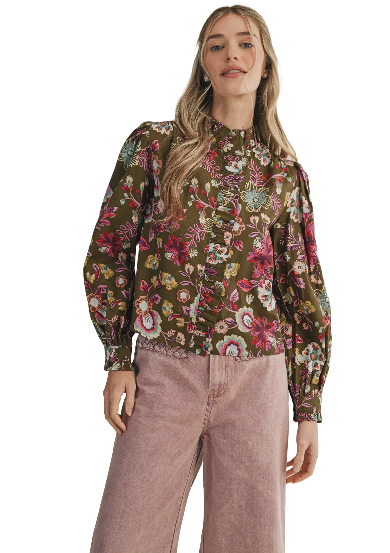 Apparel- En Merci Floral Print Ruffled Button Down Top