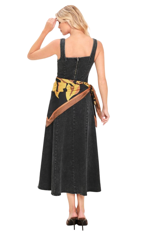 Flying Tomato Washed Denim Midi Dress with Scarf Tie Belt