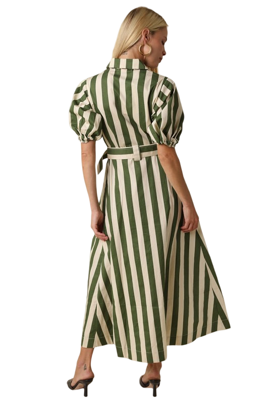 Olivaceous Cora Striped Belted Midi Dress