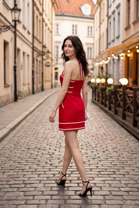 Baby Pink Contrast Rope Trim Halter Mini Dress