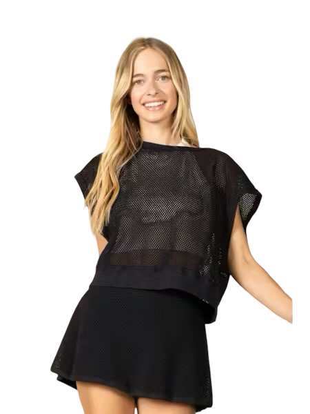LaBiz Heavy Cotton Mesh Open Back Drop Shoulder Short Sleeve Top