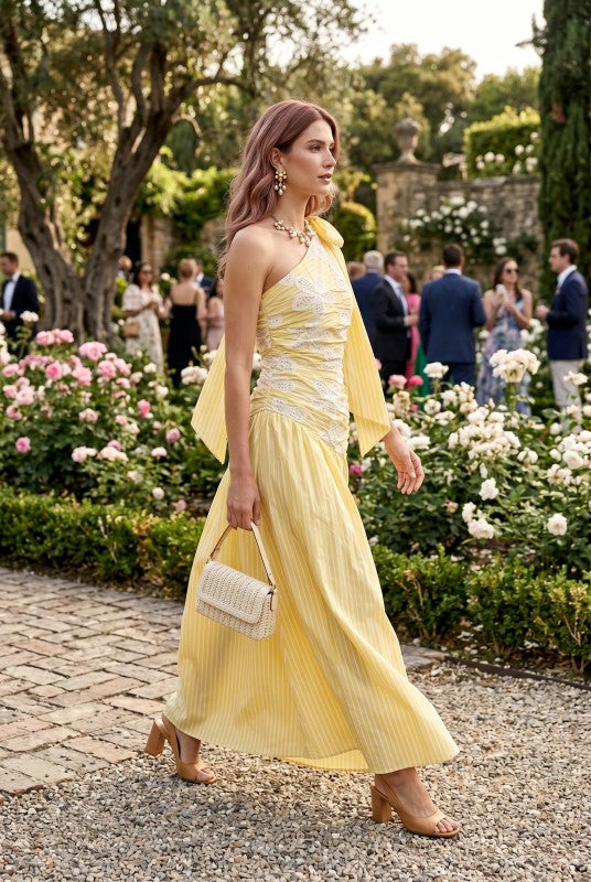 Baby Pink One Shoulder Embroidered Maxi Dress