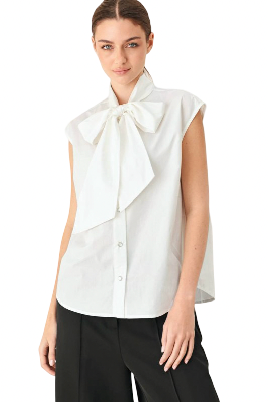 Flying Tomato Button Front Bow Tie White Blouse Top