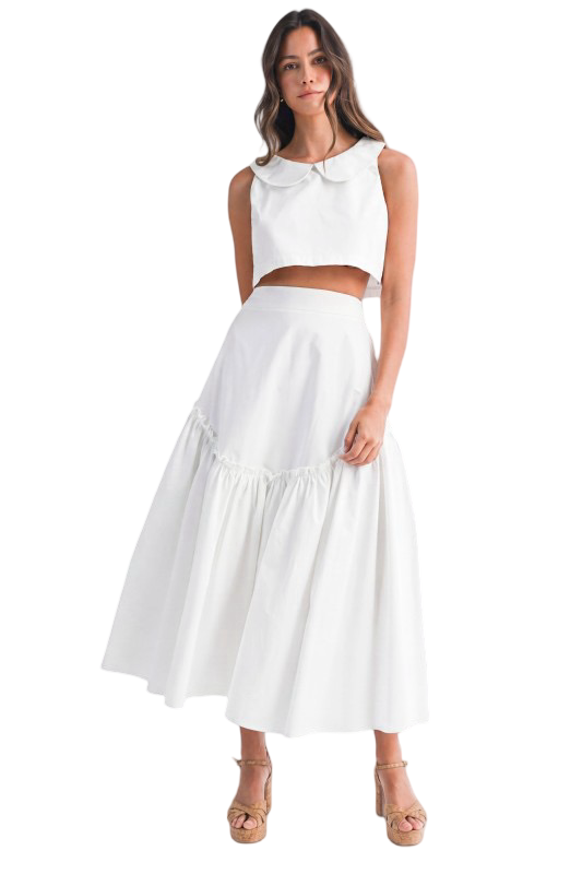 Mable Poplin Collar Sleeveless Top and Midi Skirt Set