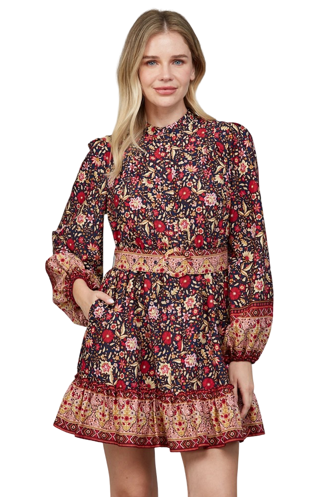 Apparel-Fate Border Print Button Down Belted  Mini Dress