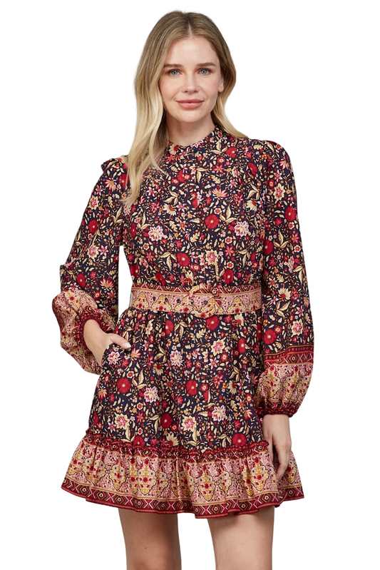 Apparel-Fate Border Print Button Down Belted  Mini Dress