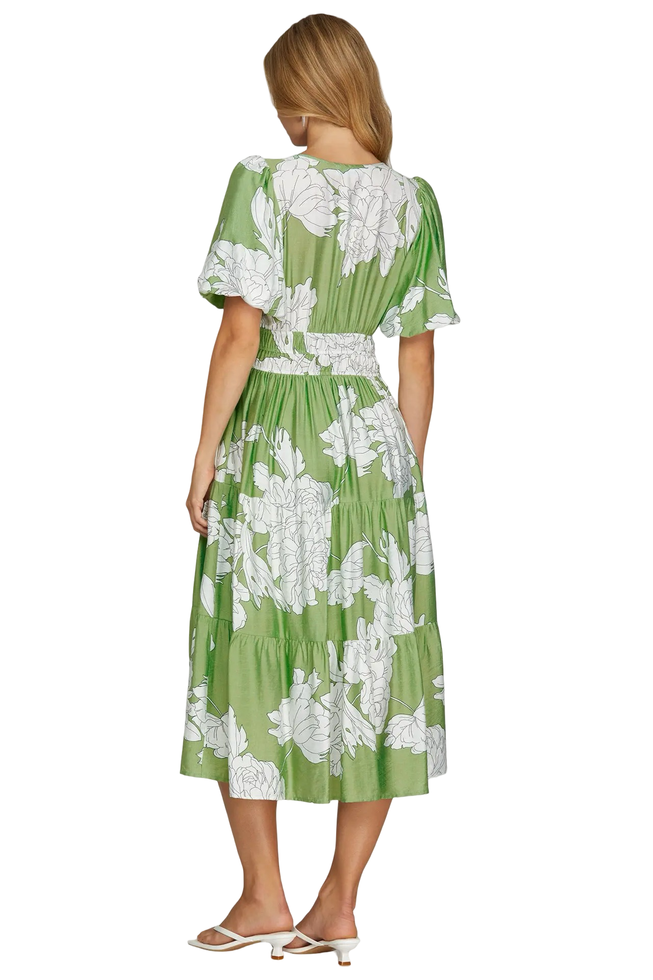 She+Sky Bubble Sleeve Floral Collard Midi Dress