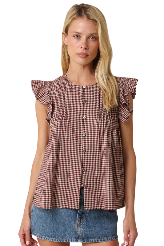 Olivaceous Clara Gingham Ruffle Sleeve Top