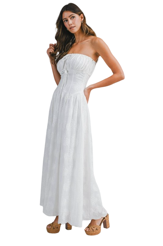 Apparel- Mable Eyelet Strapless Bow Front Maxi Dress