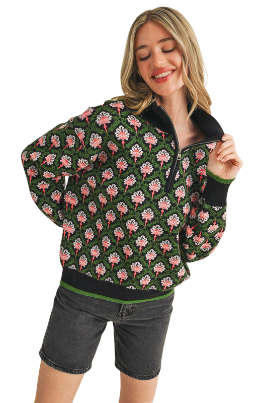 Apparel- En Merci Floral Half Zip Mock Neck Pullover Sweater