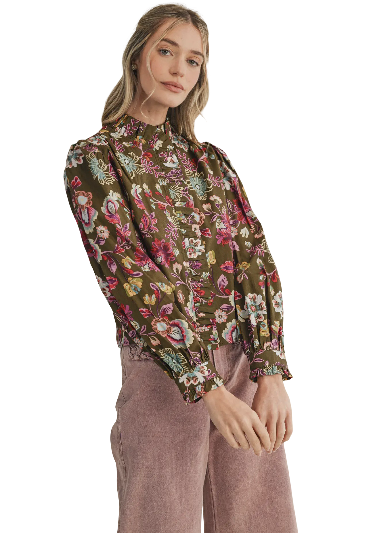Apparel- En Merci Floral Print Ruffled Button Down Top