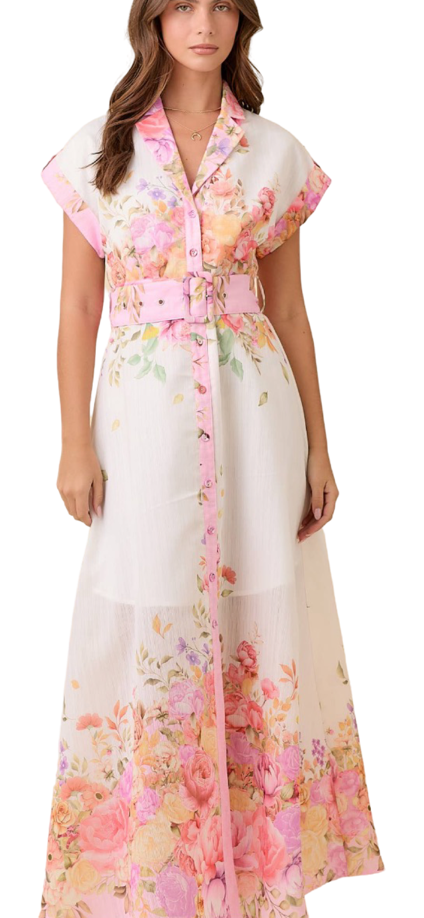 Apparel- Main Strip Floral Print Lapel Collar Button Down Maxi Dress