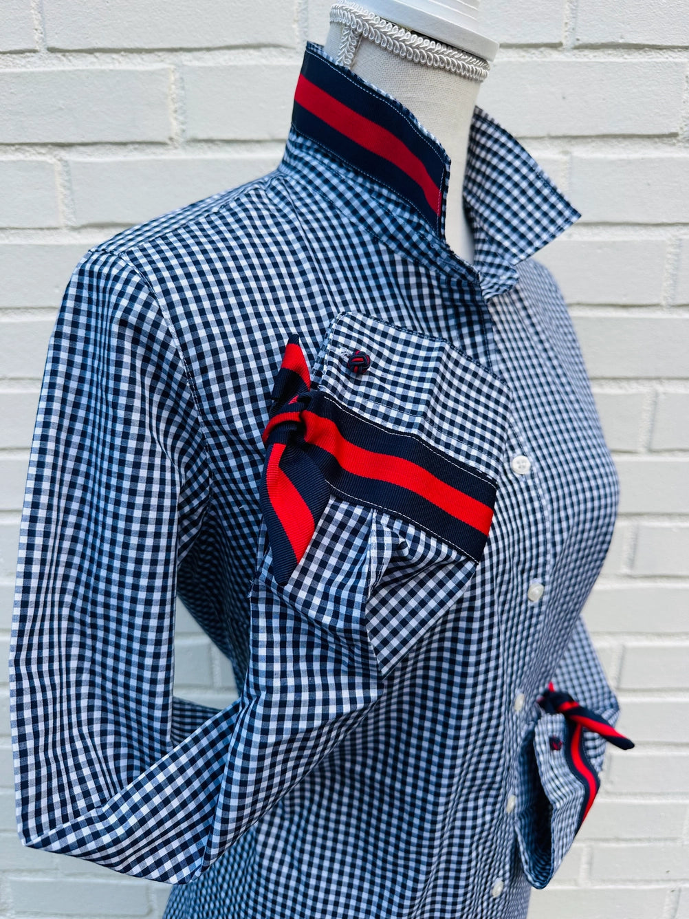 Apparel- Pearly Vines Audrey Ribbon FC Navy Gingham w/Navy and Red Ribbon