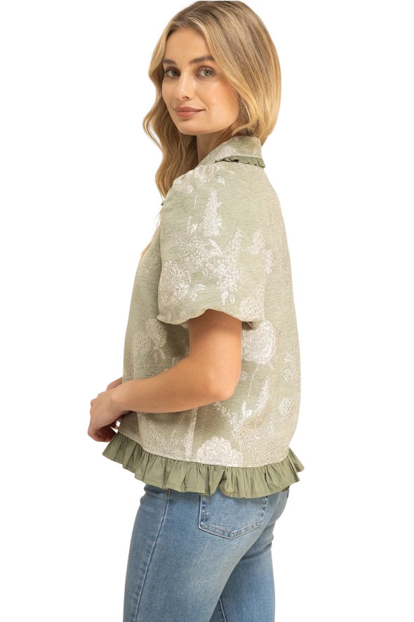 Apparel- VOY Floral Jacquard Top with Ruffled Collar