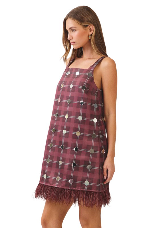 TCEC Plaid Mirror Disc Feather Trim Mini Dress