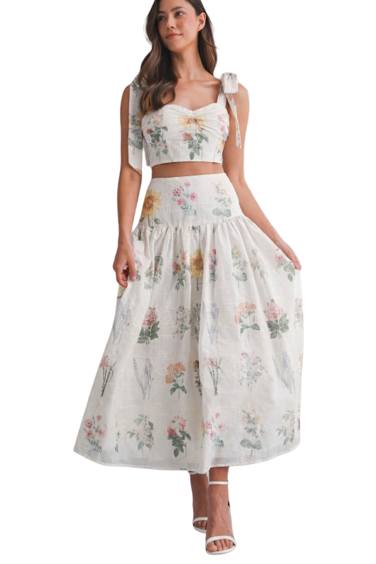 Mable Floral Eyelet Top and Midi Skirt Set