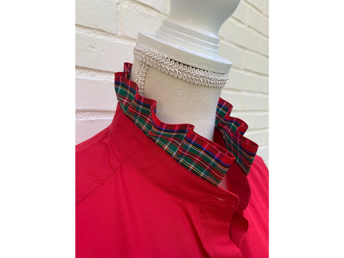 Apparel- Pearly Vine Dionne Holiday Plaid Ruffle Ribbon Trim Shirt Red & Red Plaid Ribbon