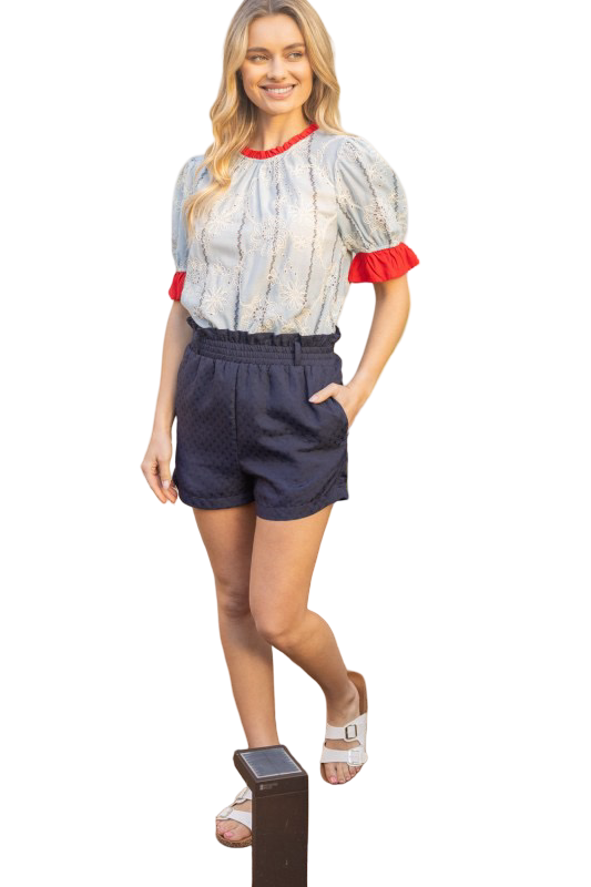 VOY Eyelet Contrast Band and Sleeve Blouse Top