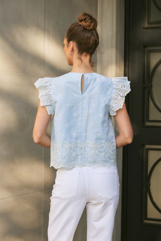 Apparel- In February Eyelet Border Blouse with Ruffled Sleeves
