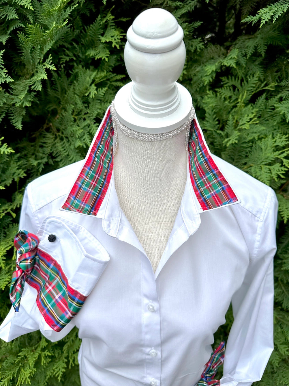 Apparel- Pearly Vines- Audrey White Holiday Ribbon French Cuff with Red Plaid Ribbon