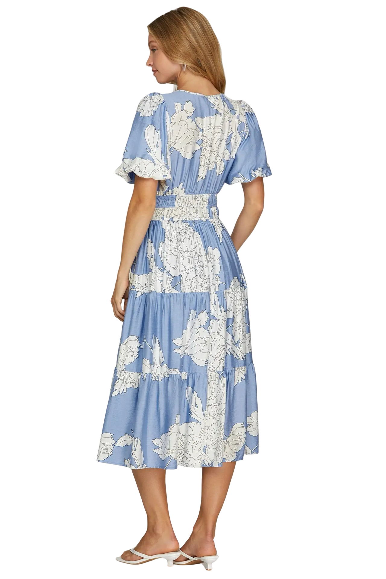 She+Sky Bubble Sleeve Floral Collard Midi Dress