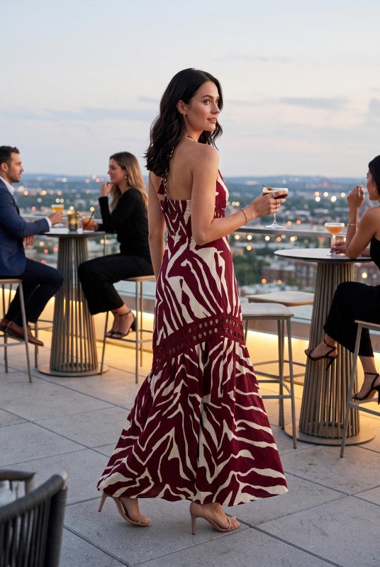 Baby Pink Zebra Print Halter Maxi Dress