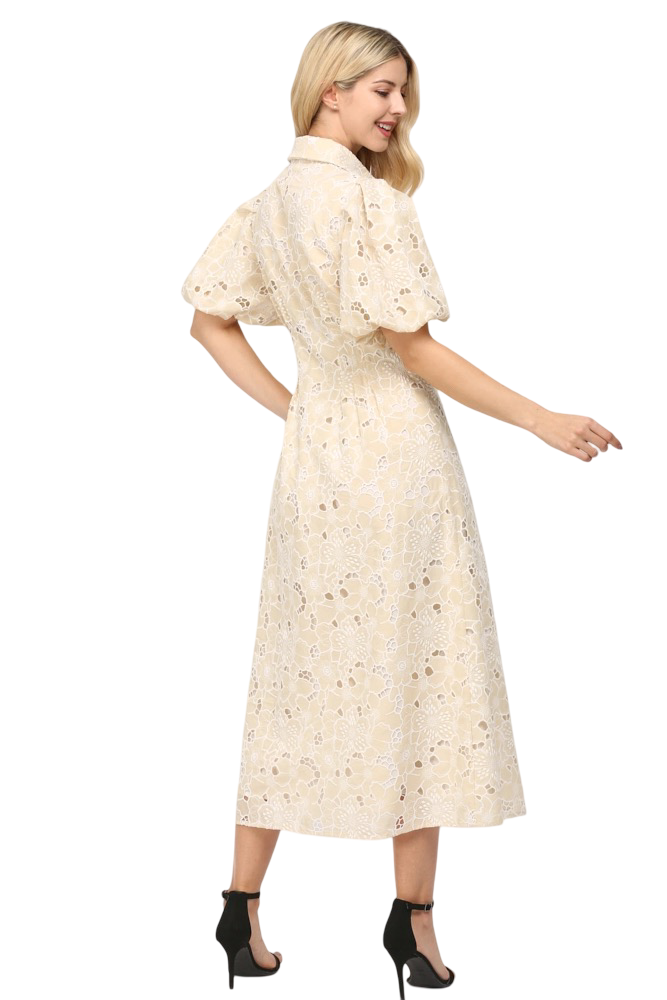 Apparel-Fate Pleated Waist Half Button Eyelet Midi Dress