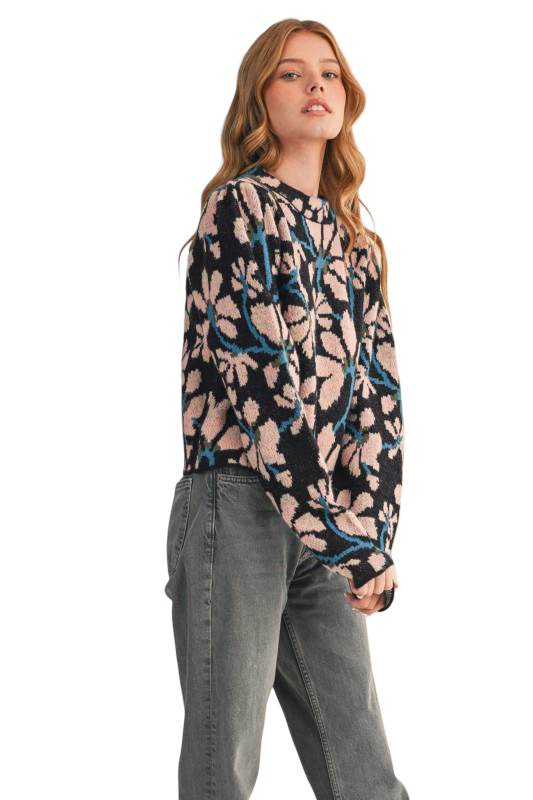 Apparel- En Merci Floral Mock Neck Sweater Top