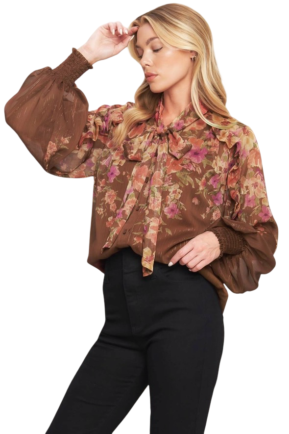 Apparel- Flying Tomato Tie Front Floral Woven Top