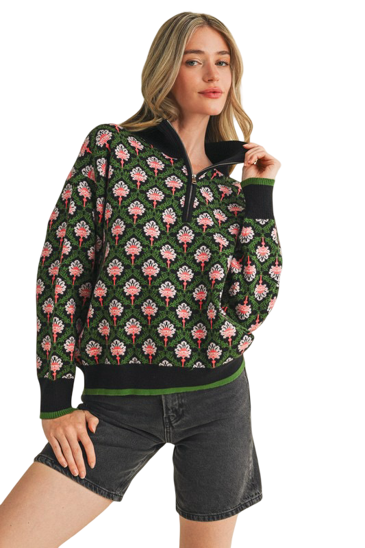 Apparel- En Merci Floral Half Zip Mock Neck Pullover Sweater