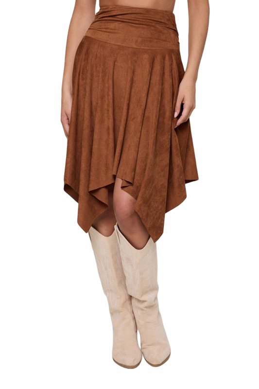 Apparel- Sky to Moon Suede Ruffle High Low Midi Skirt