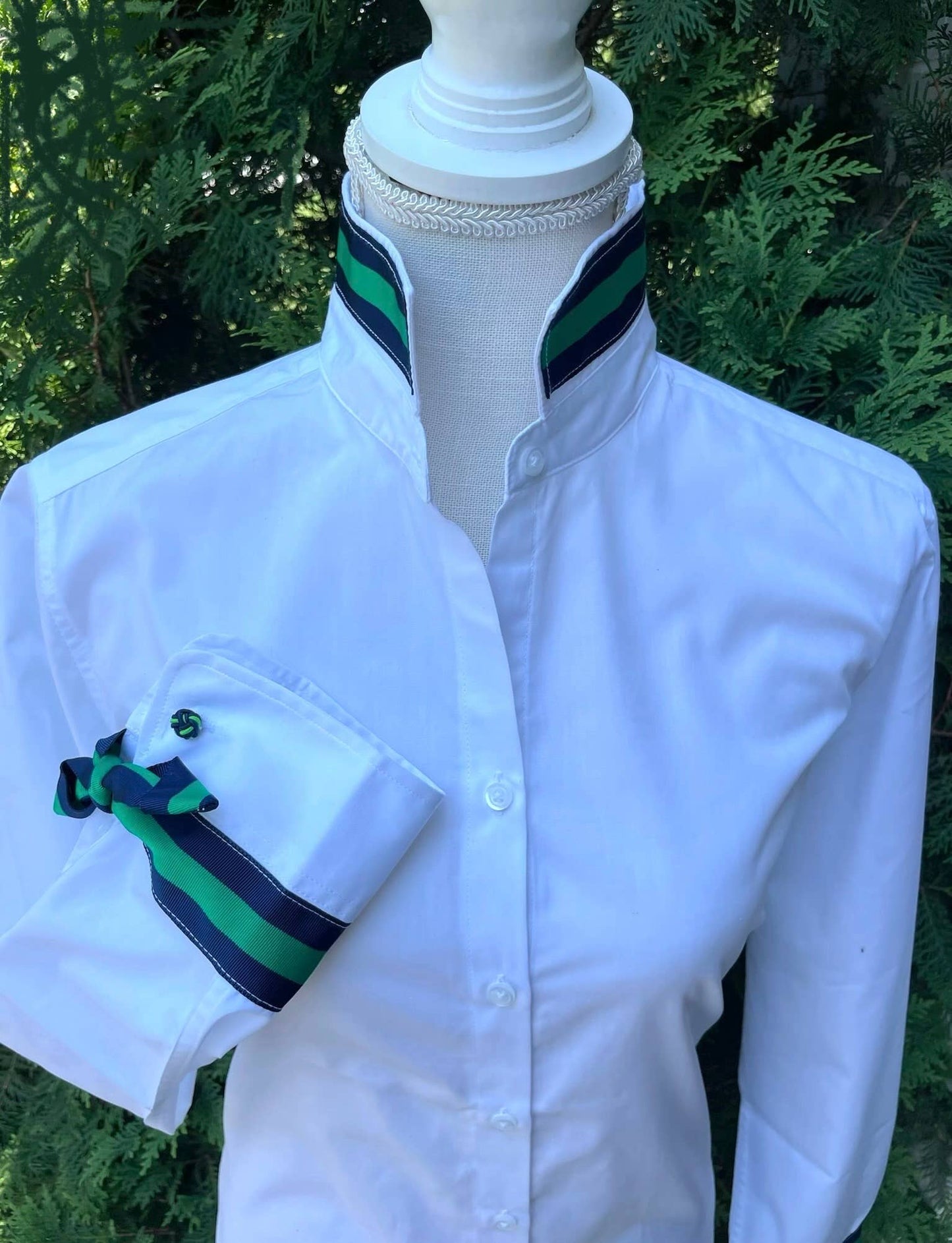 Apparel- Pearly Vines Audrey Ribbon FC- White with Navy & Green Stripe Ribbon