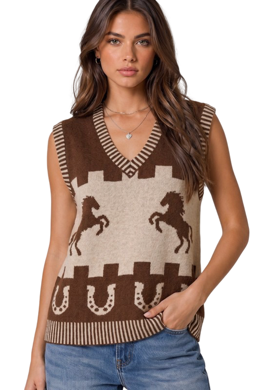 Very J V Neck Sweater with Horse Print