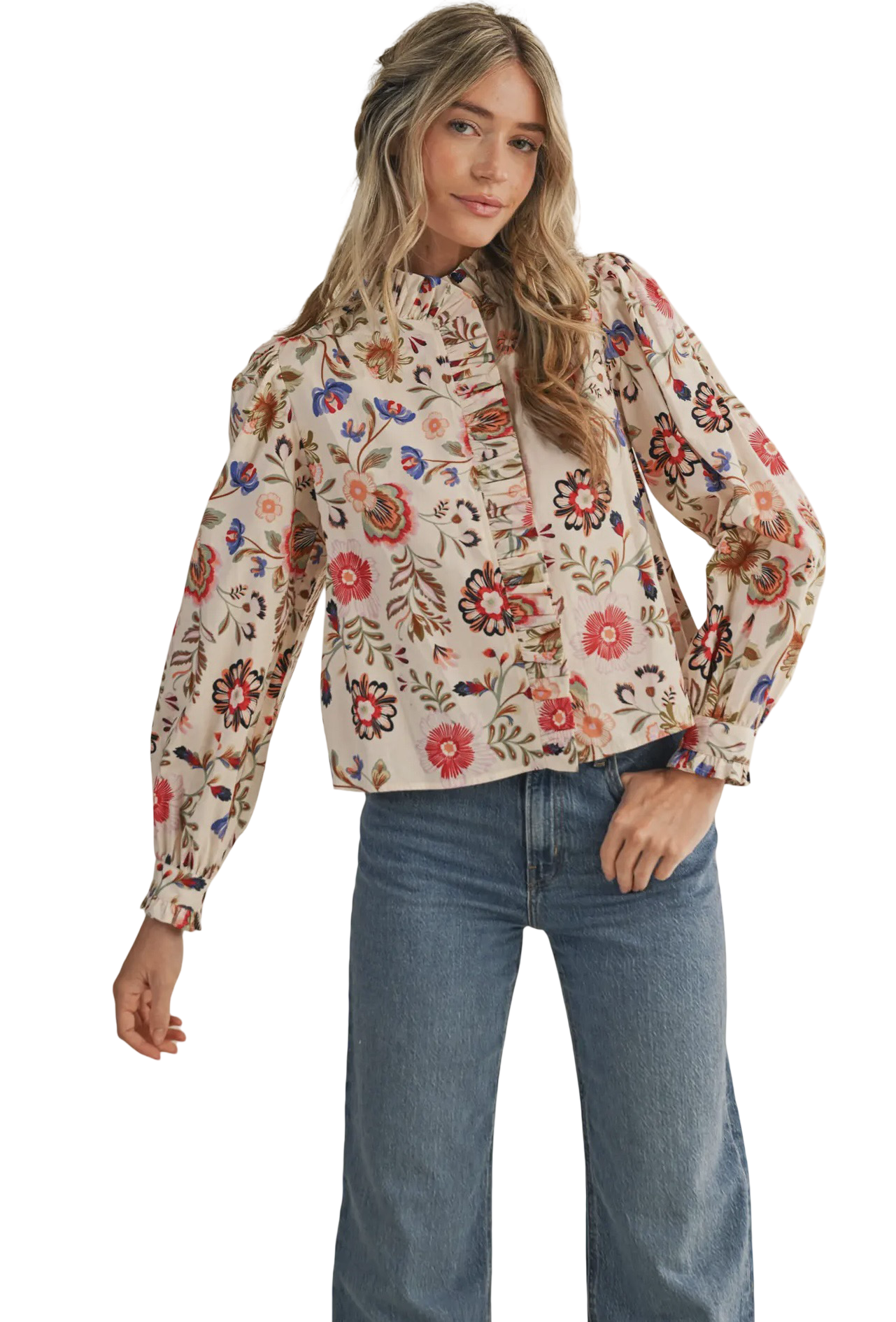 Apparel- En Merci Floral Print Ruffled Button Down Top