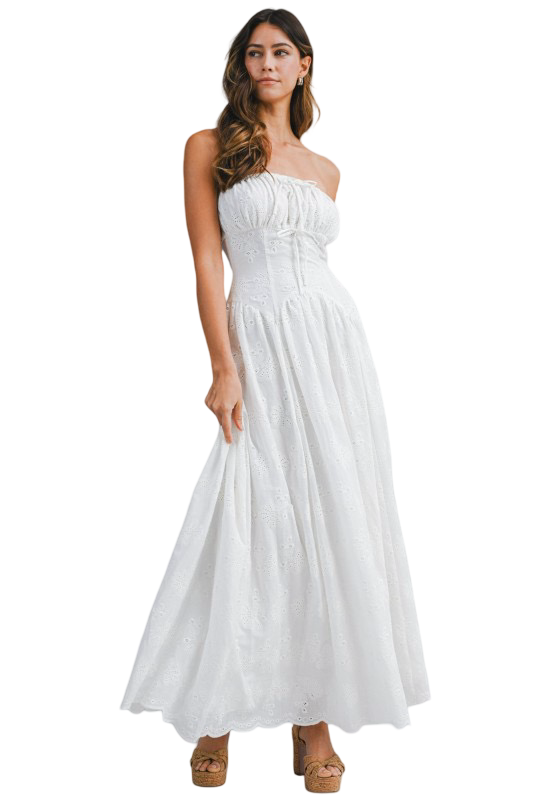 Apparel- Mable Eyelet Strapless Bow Front Maxi Dress