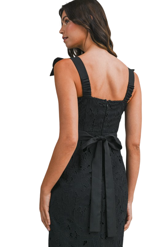 Apparel- Mable Eyelet Lace Shoulder Tie Midi Dress