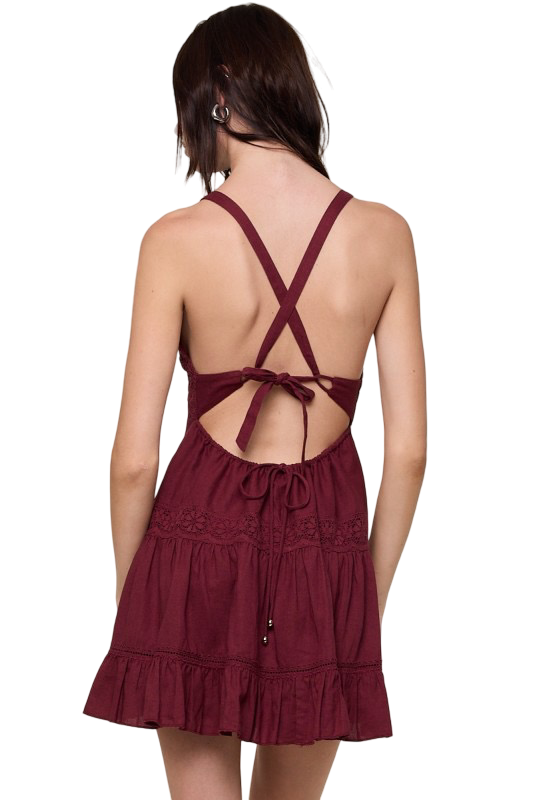 Apparel- Sky to Moon Linen Lace V Neck Open Back Mini Dress