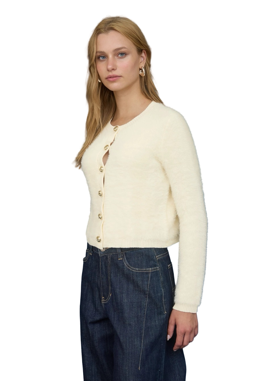 Apparel- The Workshop Gold Button Fuzzy Knit Cardigan Top