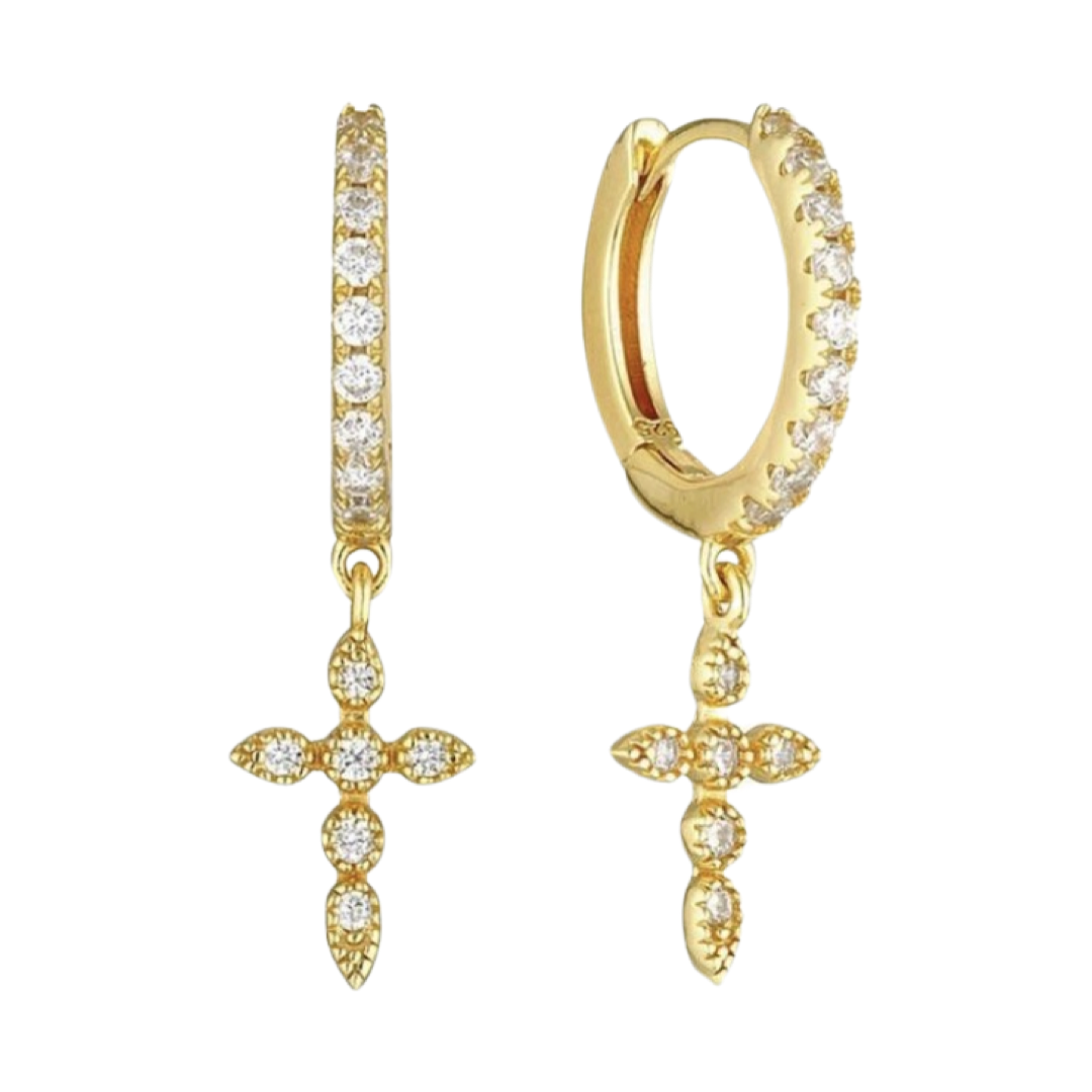 Earrings- M&E Bling Dangle Cross With CZ Huggies