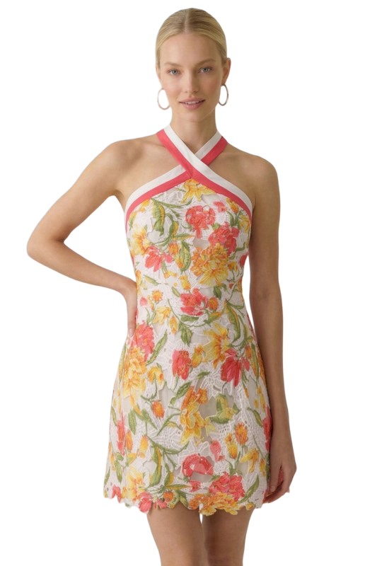 B. Right Halter Crochet Lace Trim Mini Dress