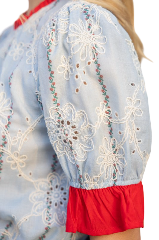VOY Eyelet Contrast Band and Sleeve Blouse Top