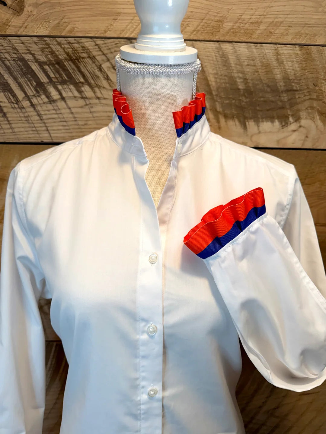 Pearly Vines- Dionne Game Day Ruffled Ribbon Shirt- White with Red & Royal Blue Ribbon