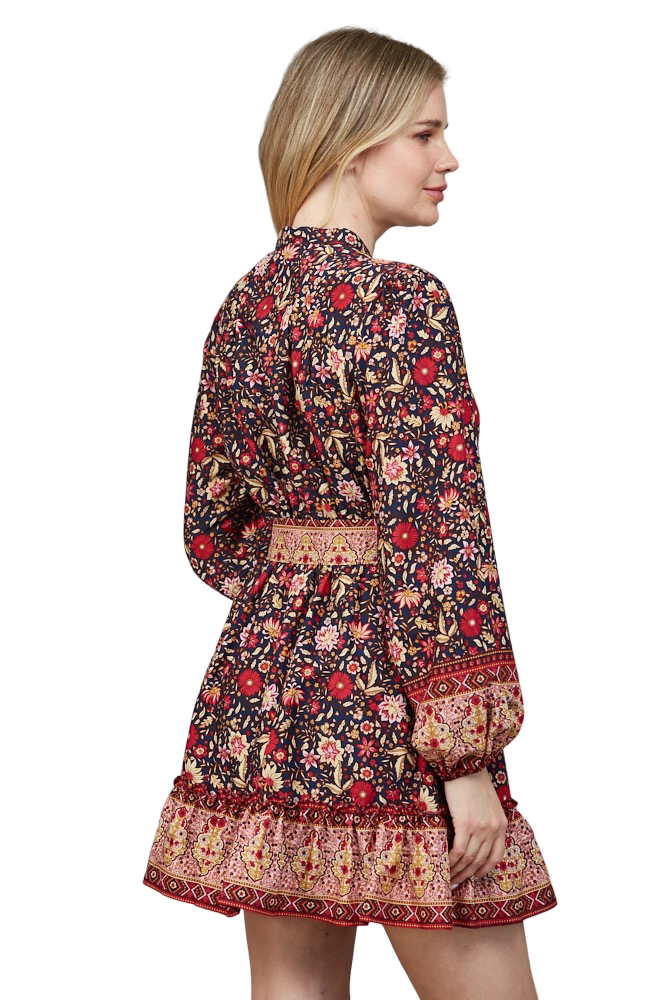 Apparel-Fate Border Print Button Down Belted  Mini Dress