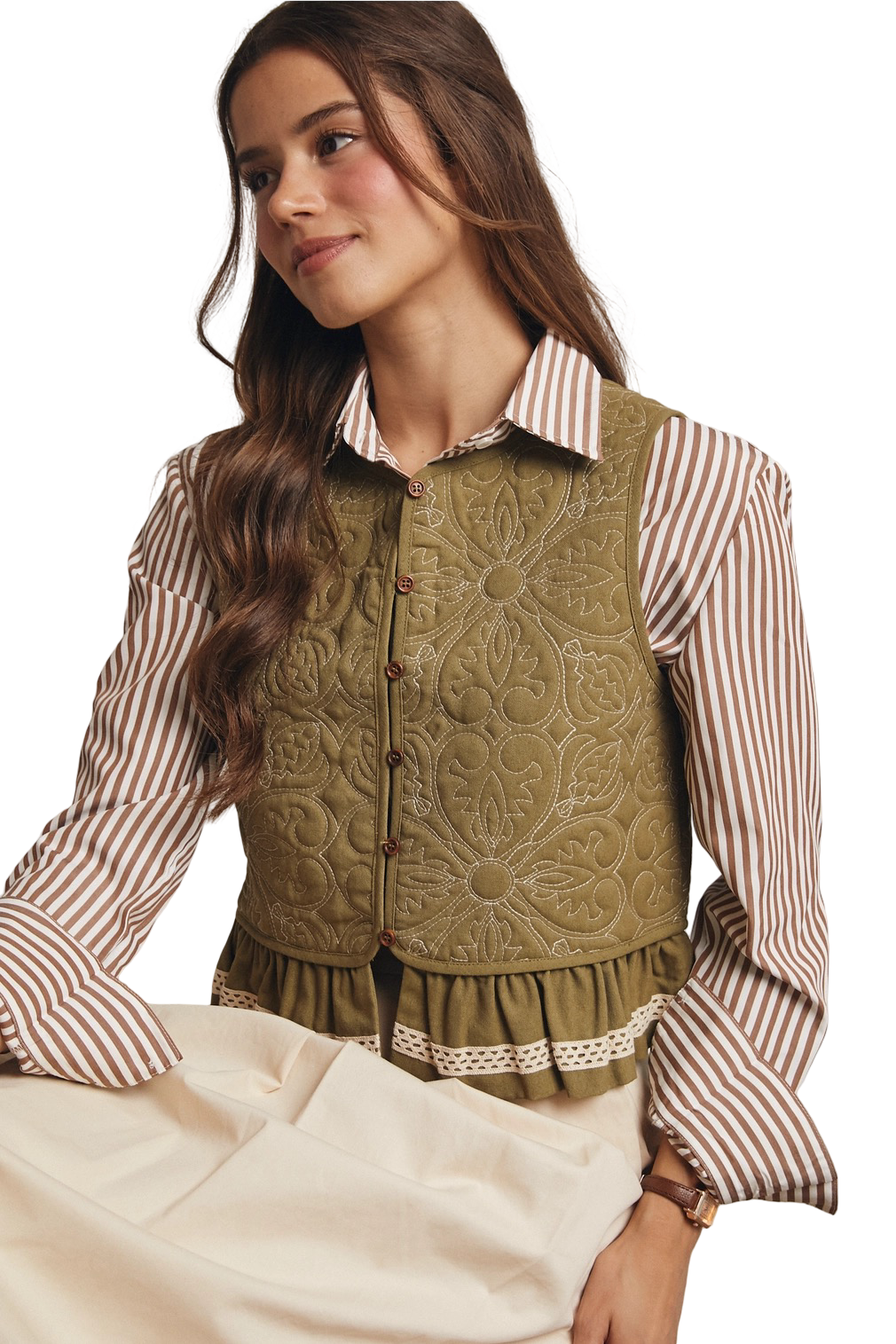 Apparel- Forte Lace Trimmed Quilted Peplum Vest Top