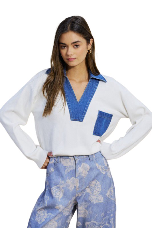 LALAVON Denim Collared Sweater Top