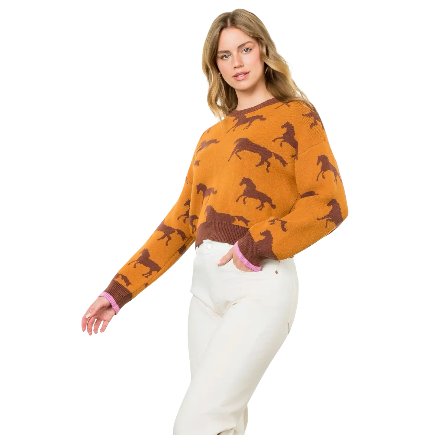 Apparel- THML Horse Print Crew Knit Sweater Top