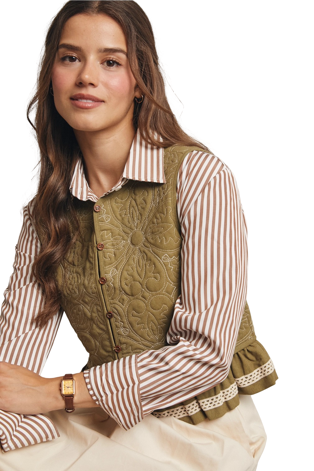 Apparel- Forte Lace Trimmed Quilted Peplum Vest Top