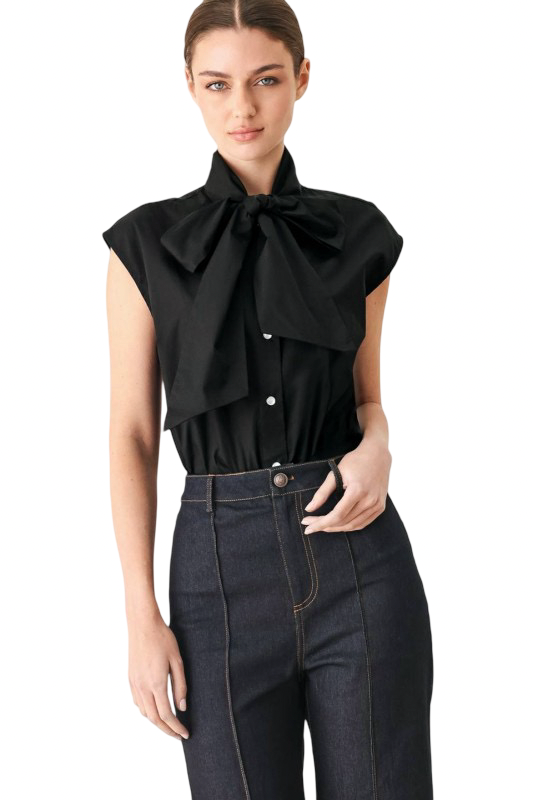 Flying Tomato Button Front Bow Tie Black Blouse Top
